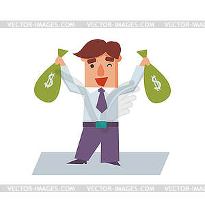 Business Man with Bags of Money Cartoon Character - vector clip art