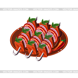 Meat Pieces and Vegetables on Spit Served Food - vector clipart