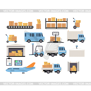 Warehouse flat set of logistics packing process - vector clipart