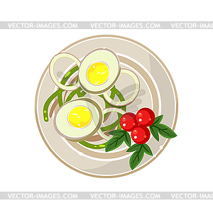 Breakfast with Cherry Tomatoes and Boiled Eggs - vector image