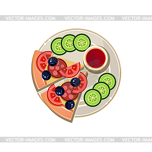 Pizza Slices, Sauce and Sliced Cucumbers Served Food - vector clip art