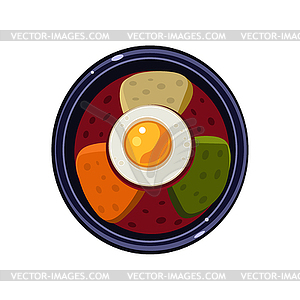 Soup with Toasts and Fried Egg Served Food - color vector clipart