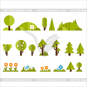 Trees, Bushes and Flowers Set in Flat Style - color vector clipart