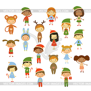 Cute kids wearing Christmas costumes - vector clip art