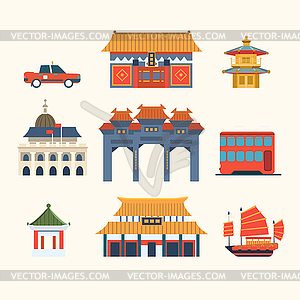 Traditional Chinese Buildings, Hong Kong travel - vector image