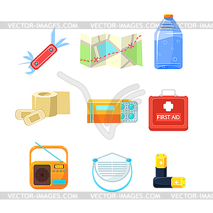 Survival emergency kit for evacuation, Items - vector EPS clipart