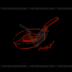 Meat in Saucepan. Handdrawn - vector image