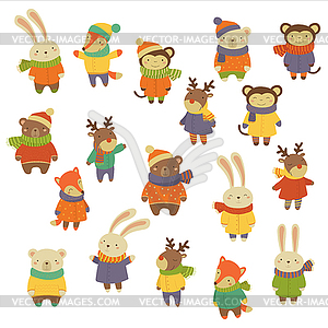 Animals Wearing Warm Clothes. Set - color vector clipart