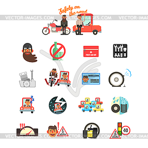 Motorcycle and Car Safety Drive Rules. Set - color vector clipart