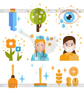 Allergy icon flat set - vector image