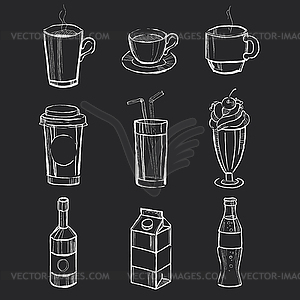 Set of different beverages on blackboard.  - vector clipart