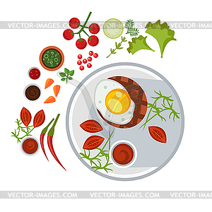 Grilled Steak with an Egg on Plate - vector image