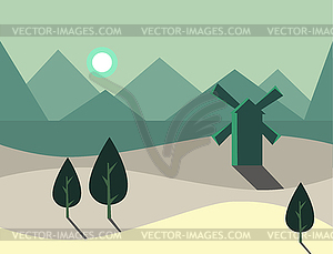 Seamless Cartoon Nature Landscape with Windmill, - vector clipart