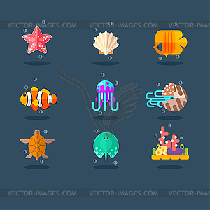 Inhabitants of Sea and Ocean. Flat Set - vector clip art