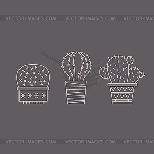 Plants and Cactuses in Pots. Linear Set - vector image