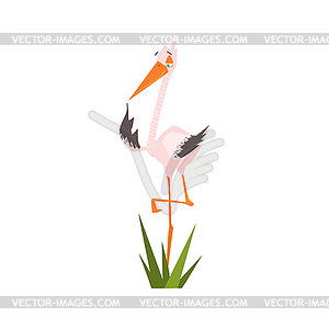 Stork Standing On One Leg Flat Cartoon - vector clipart