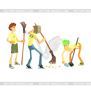 Three Person Collecting Garbage - vector clipart