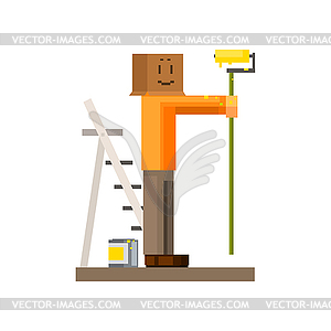 Man Painting Wall With Box On his Head - vector clipart