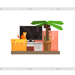 Room Interior With TV And Cat - vector clip art