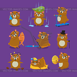 Коричневый медведь Разное Эмоции Set - векторная иллюстрация