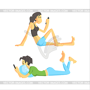 Two Girls Checking Their Phones - vector clipart / vector image