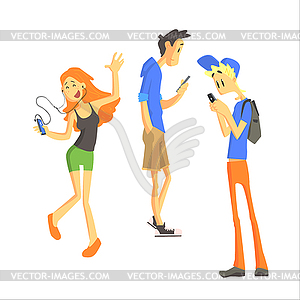 Three Young People Using Gadgets - vector clipart