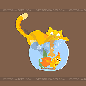 Cat Catshing Fish In Aquarium Image - vector clipart