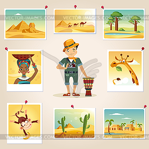 Africa Photographer Surrounded By Photos - vector image