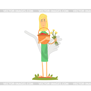 Девушка с корзиной фруктов - клипарт в векторном формате