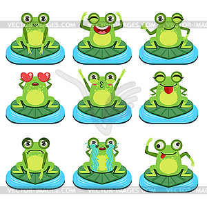 Frogs Sitting On Leaf Characters Set - vector clipart