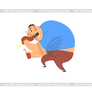 Fat Guy Eating Chicken Leg - vector image