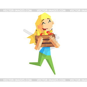 Girl Carrying Crate Of Apples - vector clipart