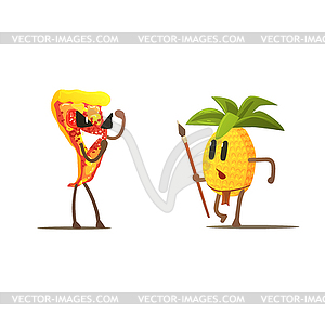 Pizza Slice Against Pineapple Cartoon Fight - vector image