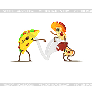 Taco Against Mushrooms Cartoon Fight - vector clip art