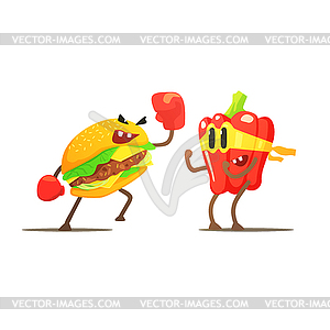 Hamburger Against Pepper Cartoon Fight - vector clipart