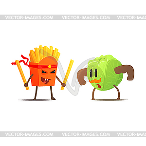 French Fries Against Cabbage Cartoon Fight - vector image