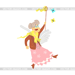 Old Lady Catching Butterflies - vector clipart