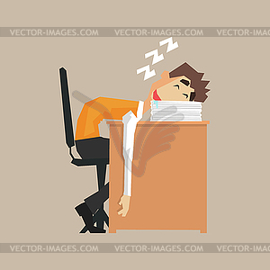 Работник офиса, спать на кучу бумаг - векторизованное изображение клипарта