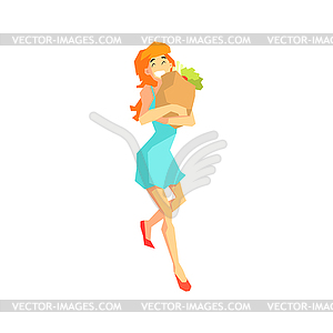 Girl With Vegetables In Paper Bag - vector image