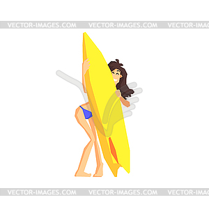 Girl Behind Yellow Surfboard - vector image