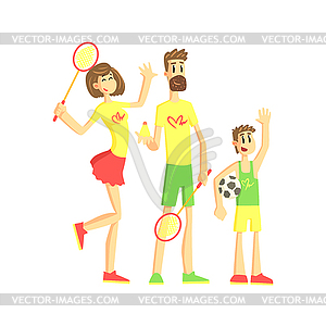 Спортивная семья с теннисной ракетки и мяч - стоковый векторный клипарт