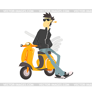 Guy In Leather Jacket Leaning On Scooter - vector image