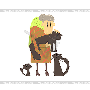 Old Lady With Three Cats - vector clipart