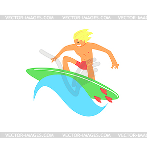Blond Guy On Green Surfboard - vector clipart