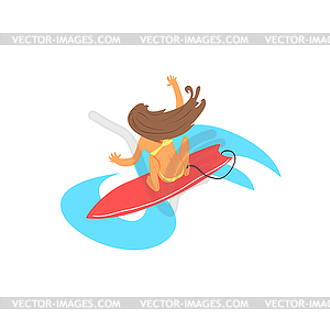 Brown-haired Girl On Surfboard of Above - vector clip art