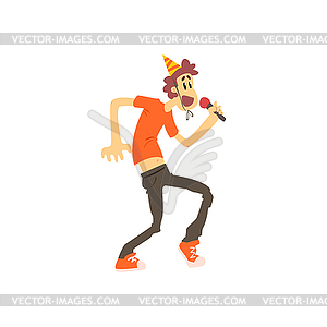 Guy In Orange T-shirt Singing Karaoke - vector clip art