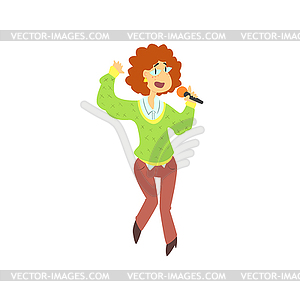 Curly Girl Singing In Karaoke - vector clipart