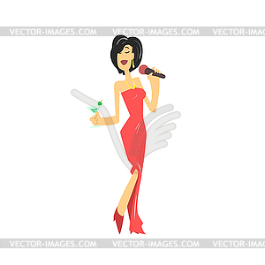 LAdy In Red Dress Singing Karaoke - vector clip art