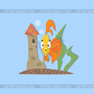 Golden Fish With Castle Image - vector clipart