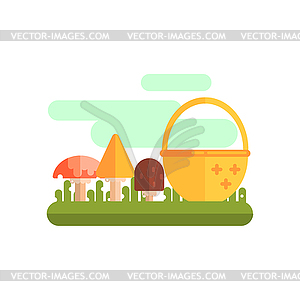 Basket And Three Mushrooms - vector clip art